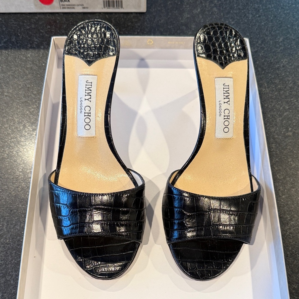 Jimmy Choo black croc leather slides